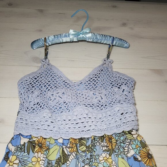 Women's Romper Crochet Retro Floral Wide Leg Jumpsuit. BOHO Hippie. - Picture 4 of 9